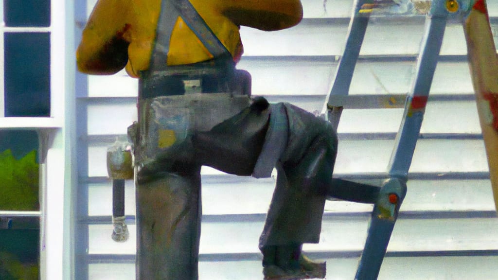 Man climbing ladder on Harrison, New Jersey home to replace roof