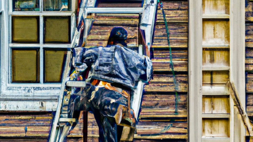 Man climbing ladder on Hartford City, Indiana home to replace roof