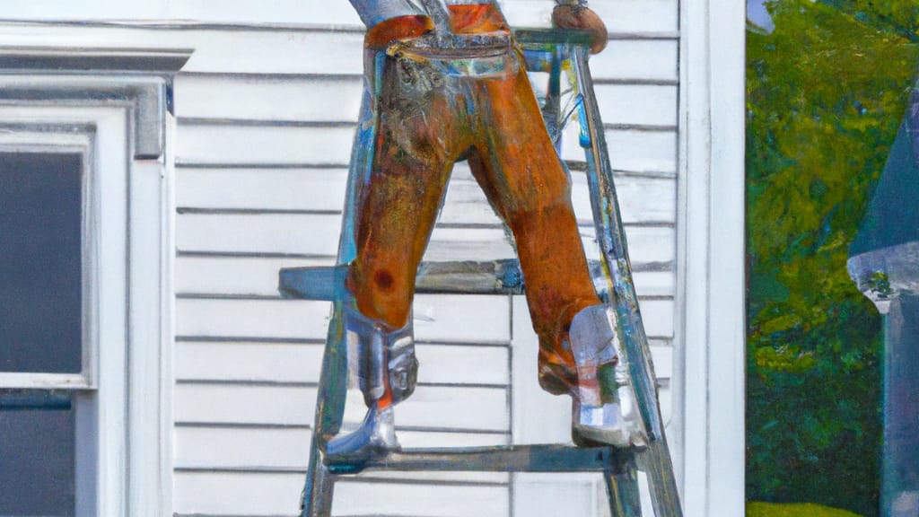 Man climbing ladder on Harwich, Massachusetts home to replace roof