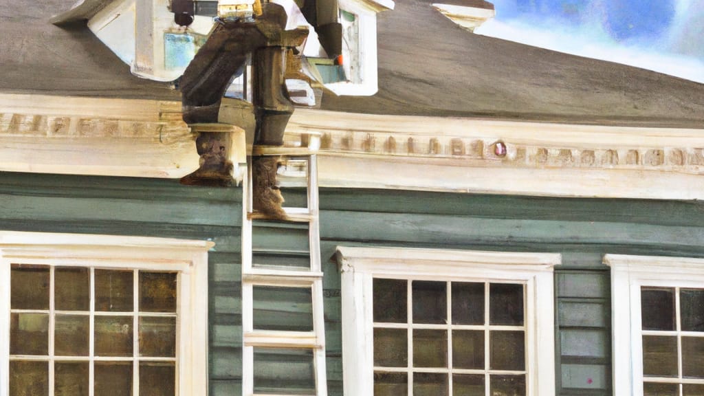 Man climbing ladder on Hawthorne, New Jersey home to replace roof