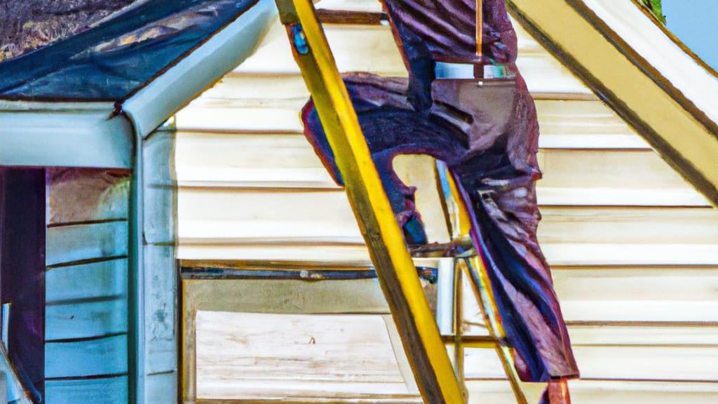 Man climbing ladder on Hillsboro, Oregon home to replace roof