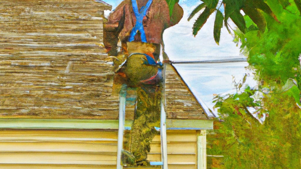 Man climbing ladder on Hillsboro, Texas home to replace roof