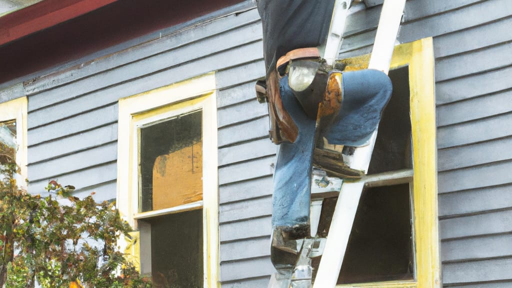 Man climbing ladder on Hood River, Oregon home to replace roof