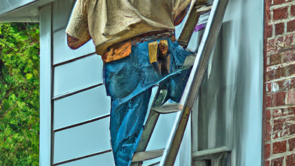 Man climbing ladder on Hoopeston, Illinois home to replace roof