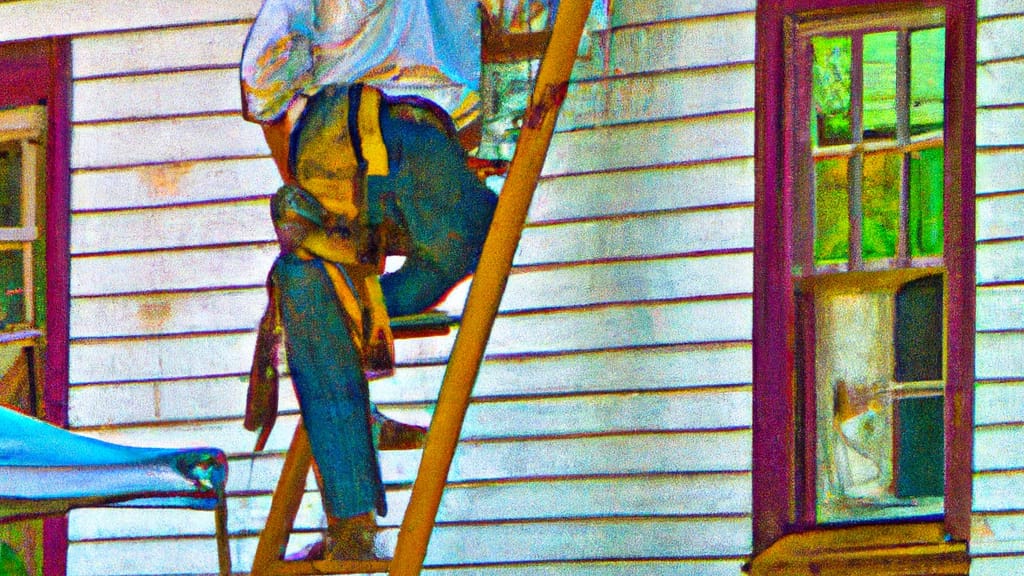Man climbing ladder on Hudson Falls, New York home to replace roof