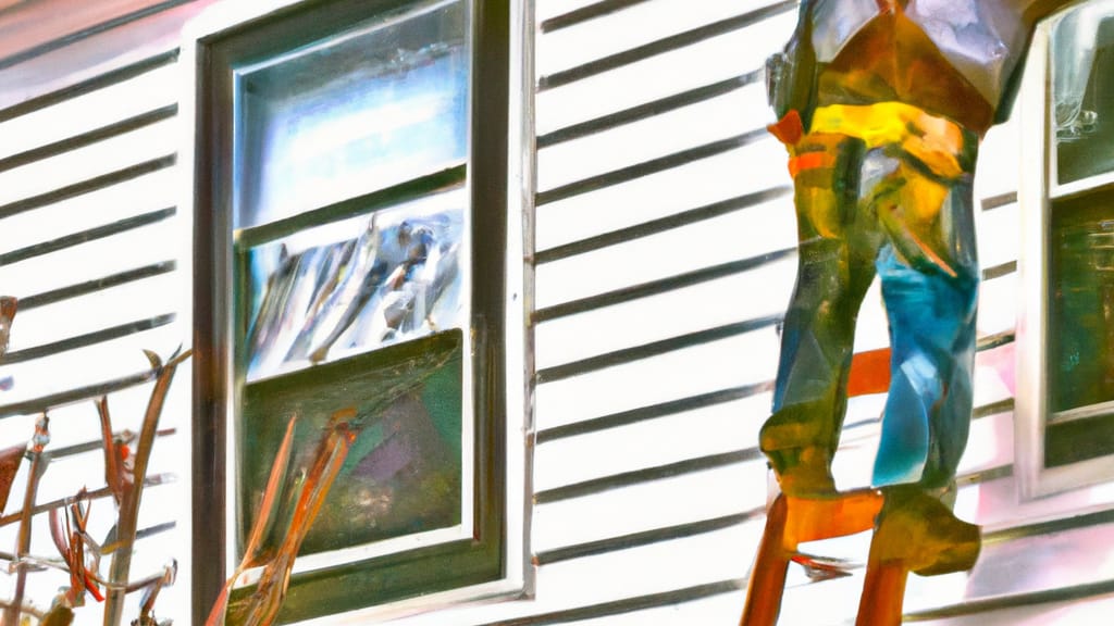 Man climbing ladder on Huntington Station, New York home to replace roof