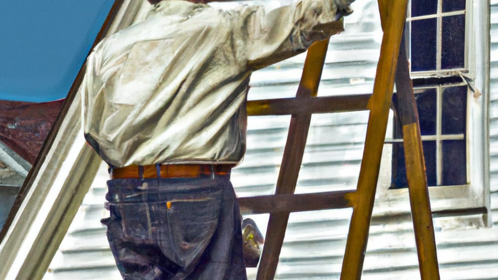 Man climbing ladder on Ipswich, Massachusetts home to replace roof