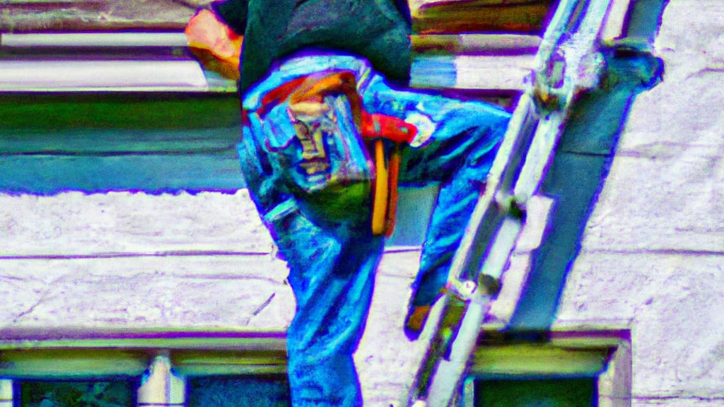 Man climbing ladder on Island Lake, Illinois home to replace roof