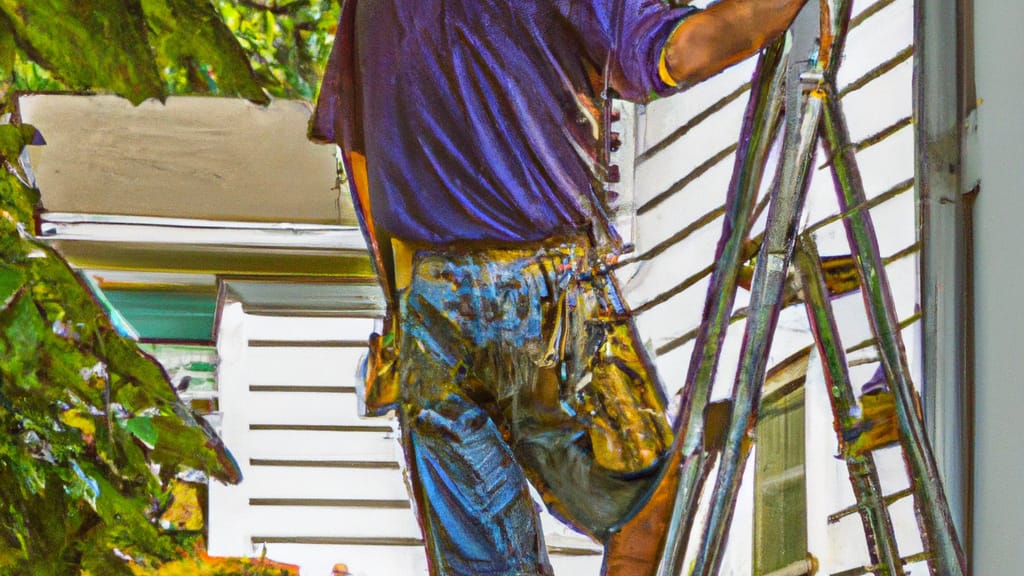 Man climbing ladder on Ithaca, New York home to replace roof