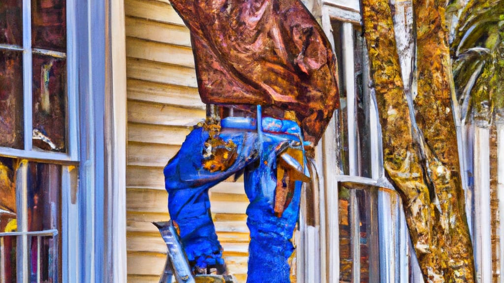 Man climbing ladder on Jackson, Alabama home to replace roof