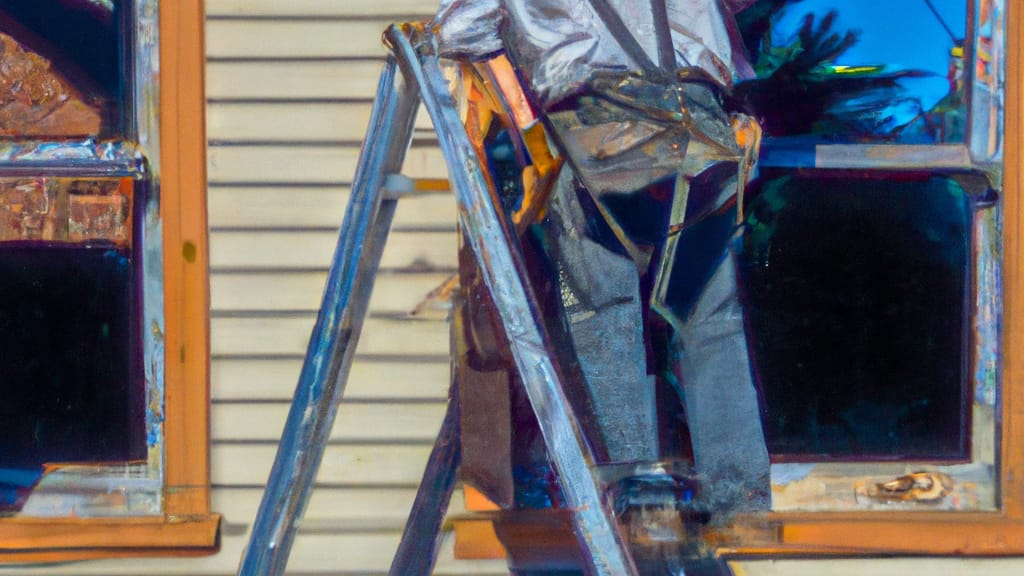 Man climbing ladder on Jackson, Wisconsin home to replace roof