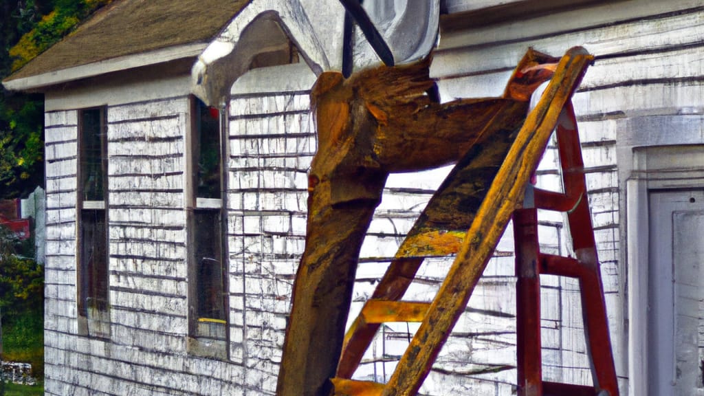 Man climbing ladder on Janesville, Wisconsin home to replace roof