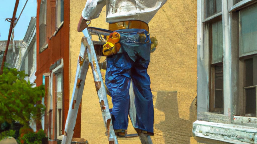 Man climbing ladder on Jersey City, New Jersey home to replace roof