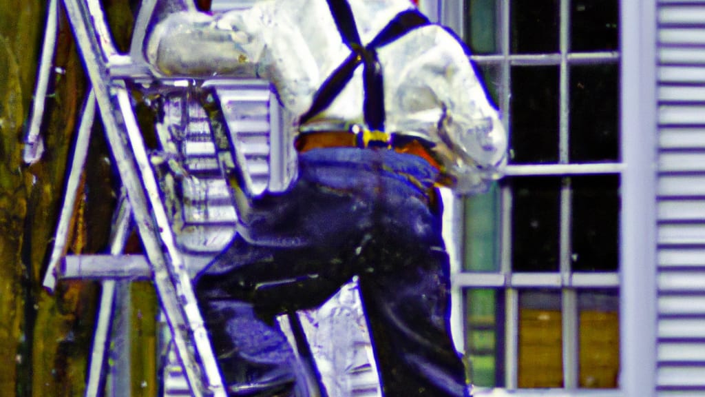 Man climbing ladder on Kings Park, New York home to replace roof