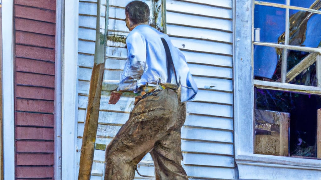 Man climbing ladder on Kingston, Massachusetts home to replace roof