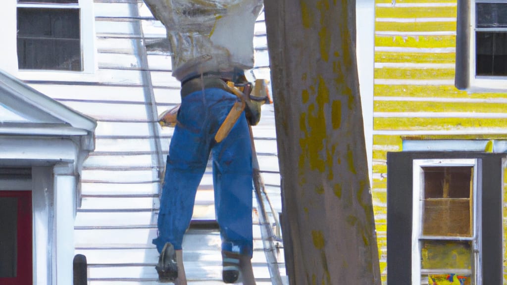 Man climbing ladder on Kingston, New Hampshire home to replace roof