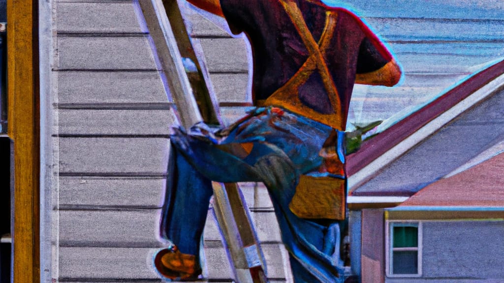Man climbing ladder on Lady Lake, Florida home to replace roof