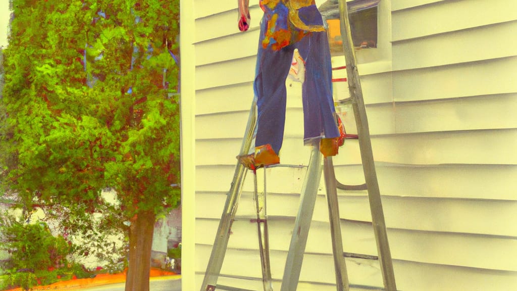 Man climbing ladder on Lake Grove, New York home to replace roof