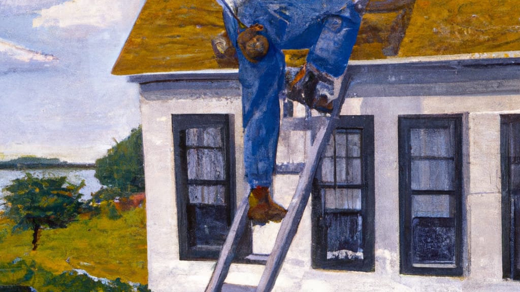 Man climbing ladder on Lake In The Hills, Illinois home to replace roof
