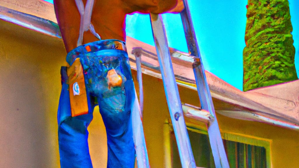 Man climbing ladder on Lakewood, California home to replace roof