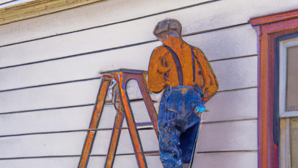 Man climbing ladder on Laramie, Wyoming home to replace roof