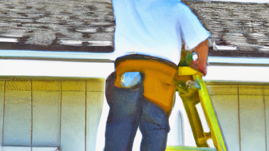 Man climbing ladder on Lemoore, California home to replace roof