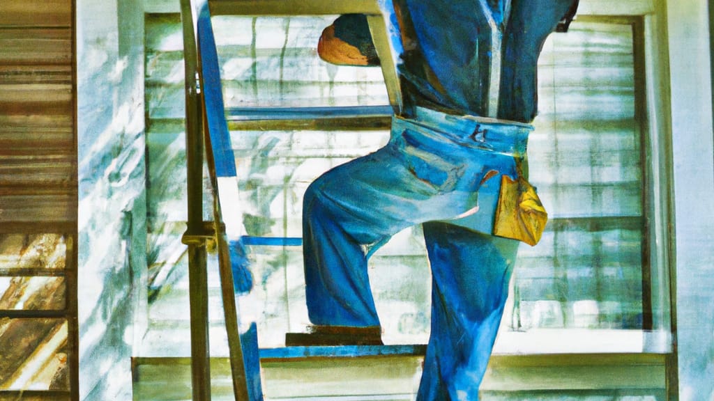 Man climbing ladder on Lewisville, North Carolina home to replace roof