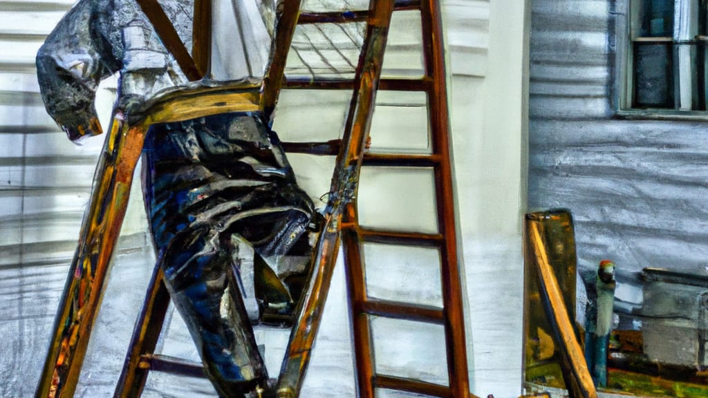 Man climbing ladder on Lockport, New York home to replace roof
