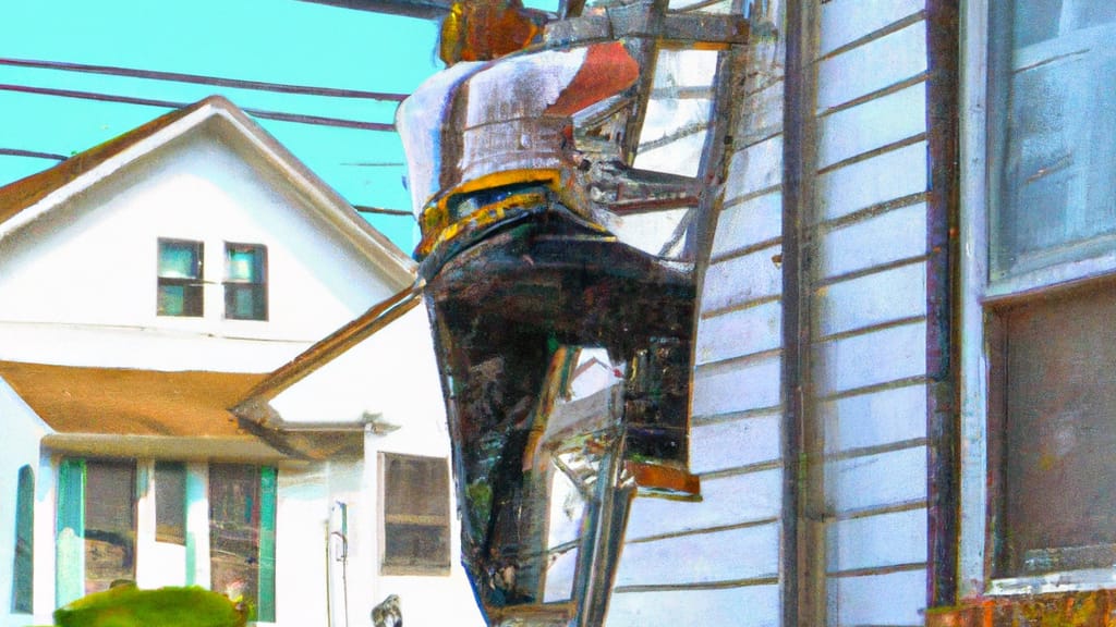 Man climbing ladder on Long Beach, New York home to replace roof