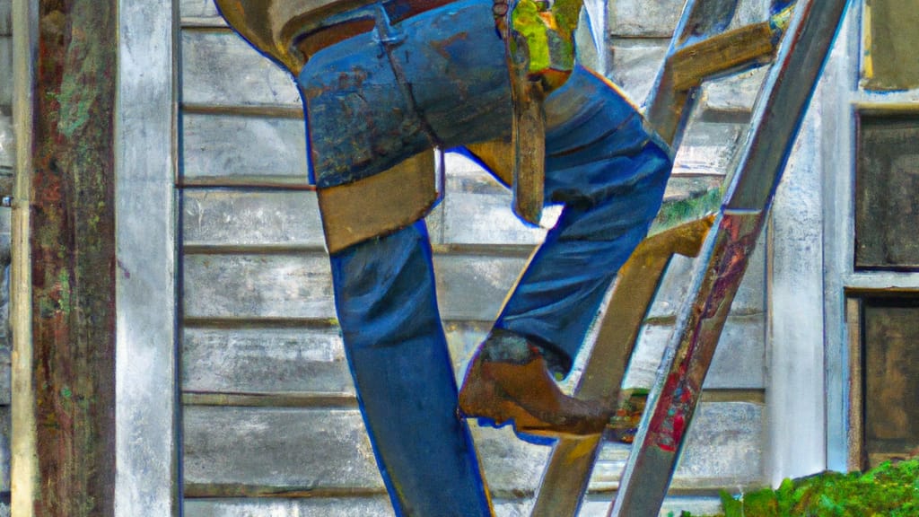 Man climbing ladder on Louisville, Mississippi home to replace roof