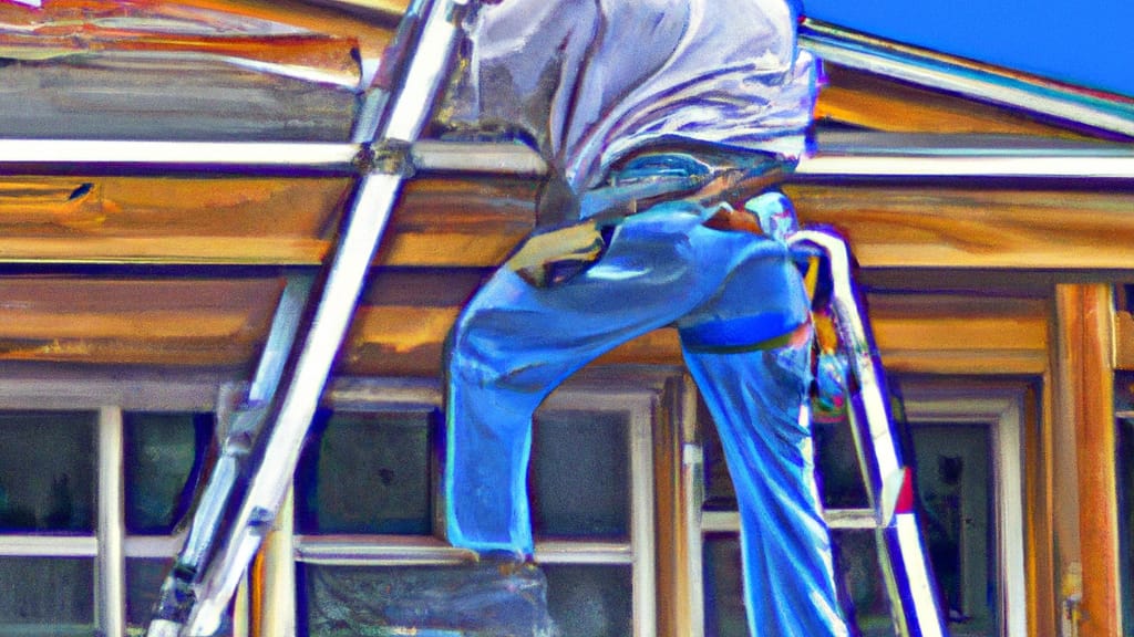 Man climbing ladder on Mammoth Lakes, California home to replace roof
