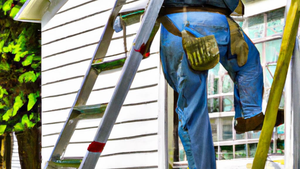 Man climbing ladder on Manorville, New York home to replace roof
