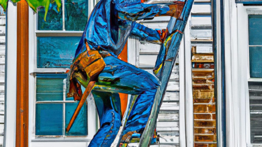 Man climbing ladder on Maplewood, New Jersey home to replace roof