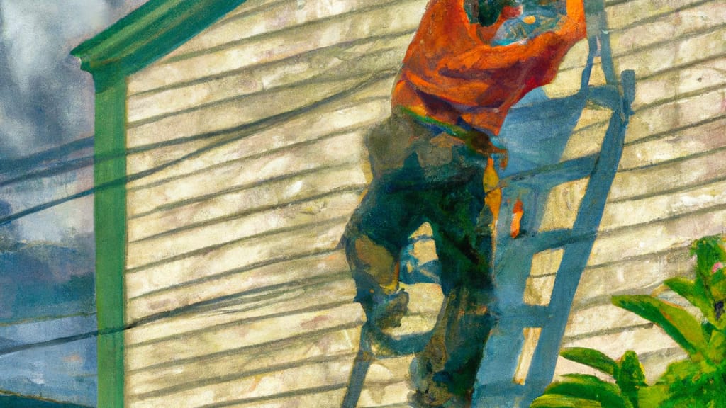 Man climbing ladder on Massena, New York home to replace roof