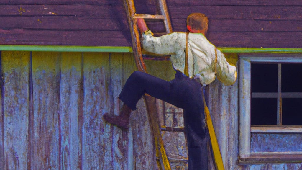Man climbing ladder on McKinleyville, California home to replace roof