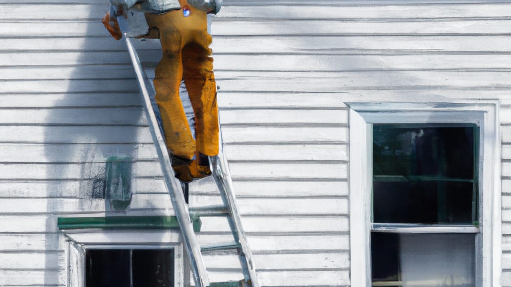 Man climbing ladder on Medina, New York home to replace roof