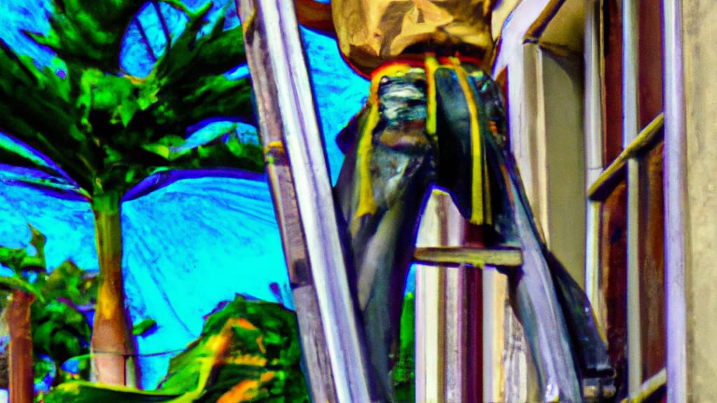 Man climbing ladder on Miami Beach, Florida home to replace roof