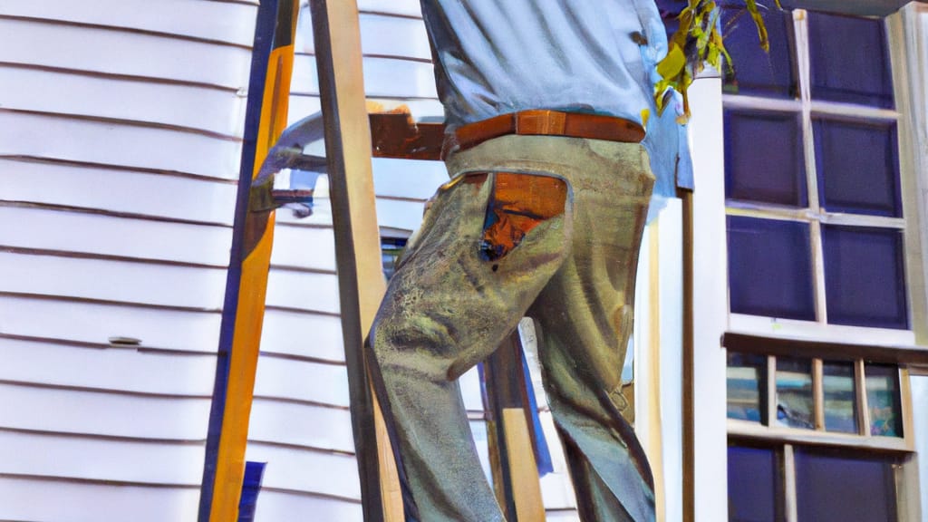 Man climbing ladder on Middle Island, New York home to replace roof