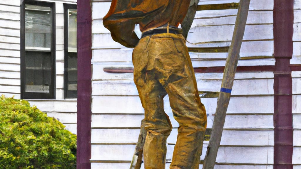 Man climbing ladder on Monson, Massachusetts home to replace roof