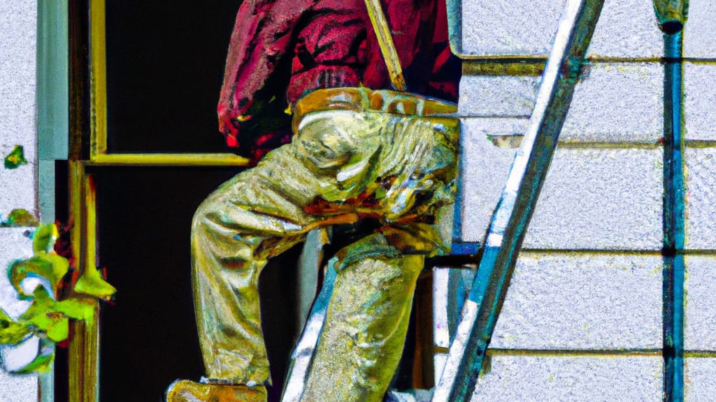 Man climbing ladder on Montclair, New Jersey home to replace roof