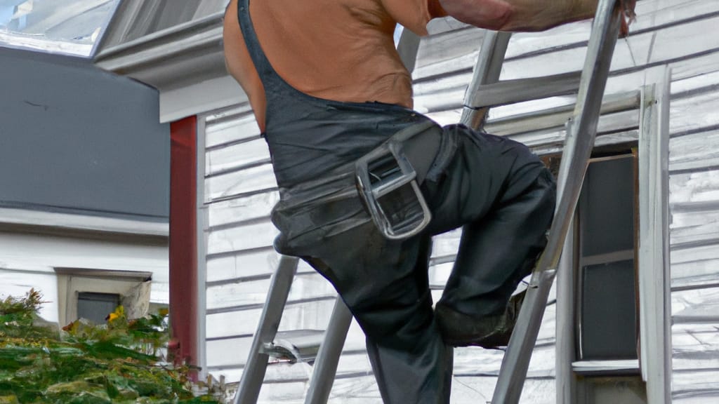 Man climbing ladder on Morgantown, West Virginia home to replace roof