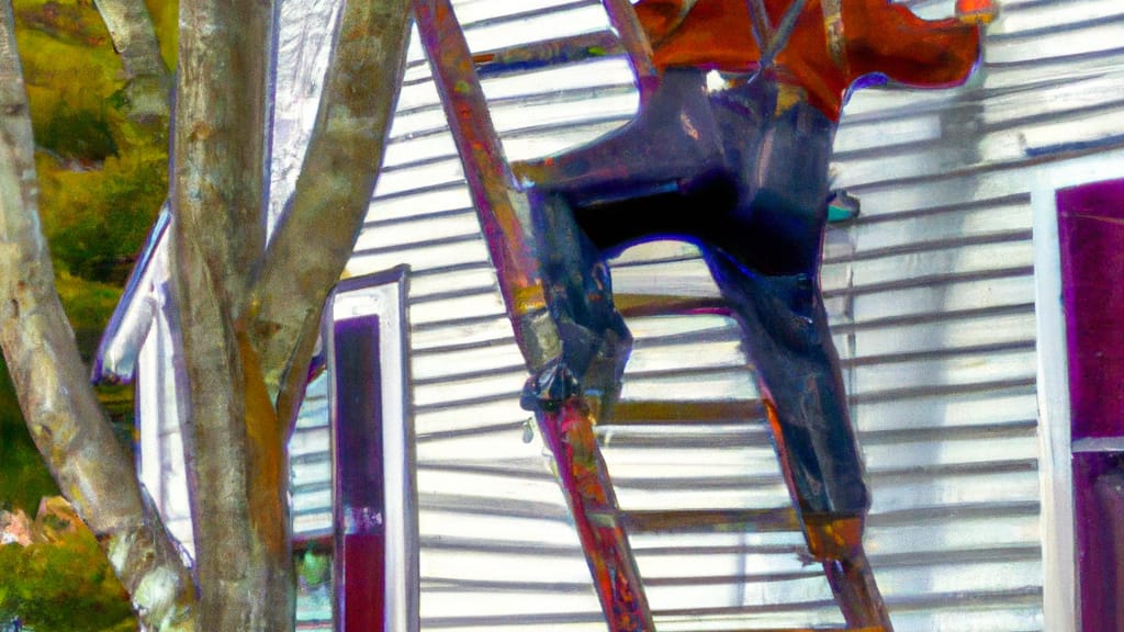 Man climbing ladder on Moultonborough, New Hampshire home to replace roof