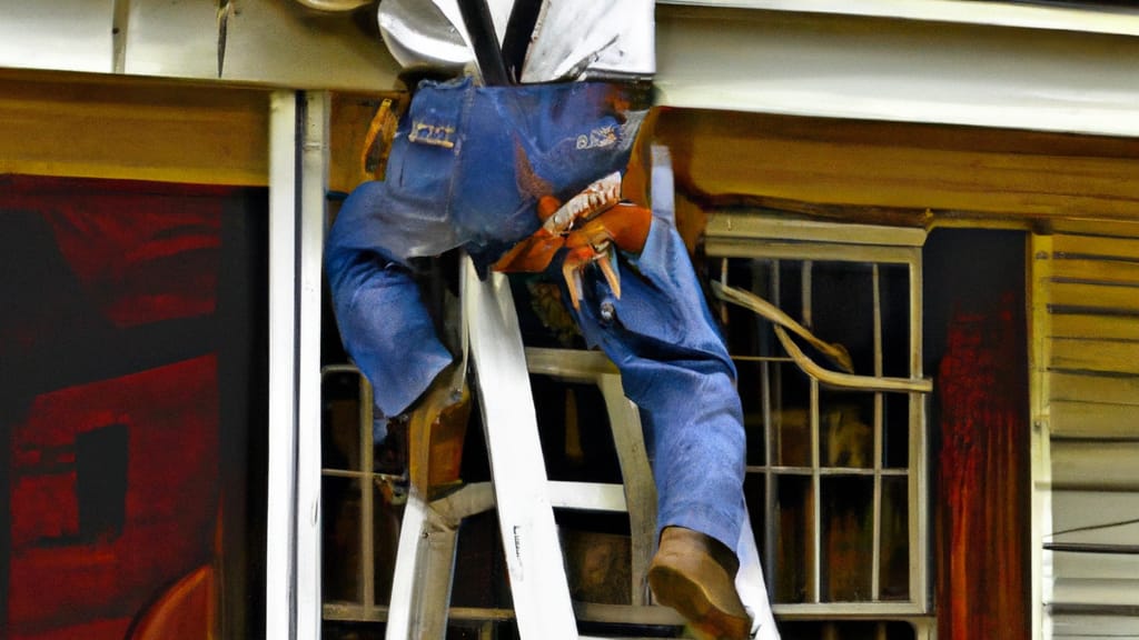 Man climbing ladder on Nederland, Texas home to replace roof