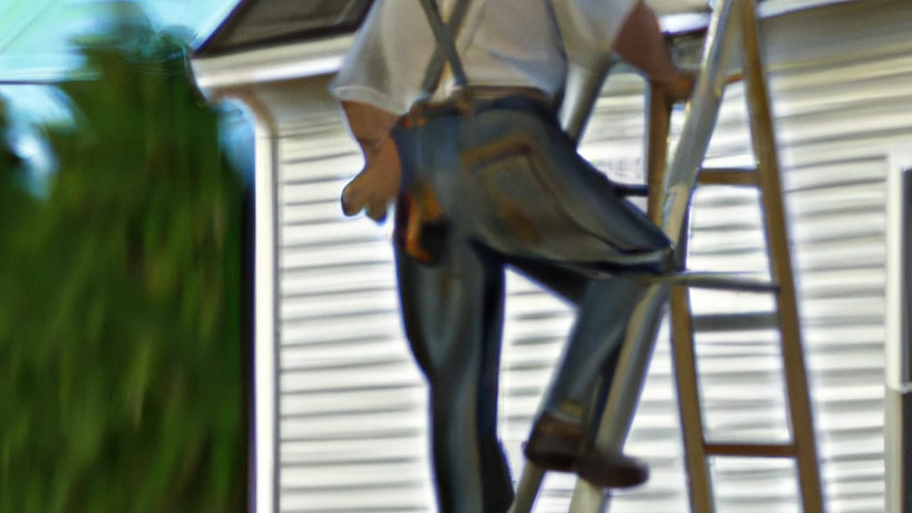 Man climbing ladder on New Boston, New Hampshire home to replace roof