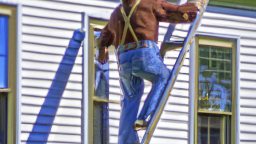 Man climbing ladder on New London, Wisconsin home to replace roof