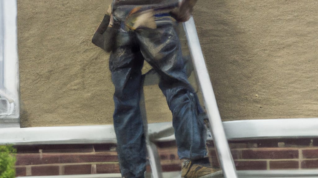 Man climbing ladder on Newark, New Jersey home to replace roof