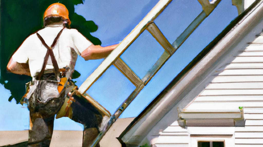 Man climbing ladder on Newark, New York home to replace roof