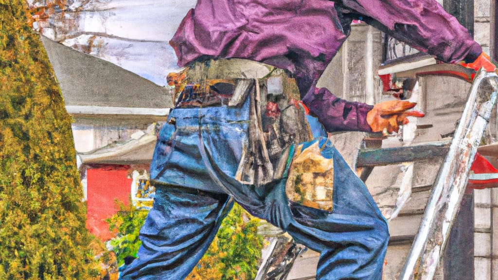 Man climbing ladder on Newton, New Jersey home to replace roof