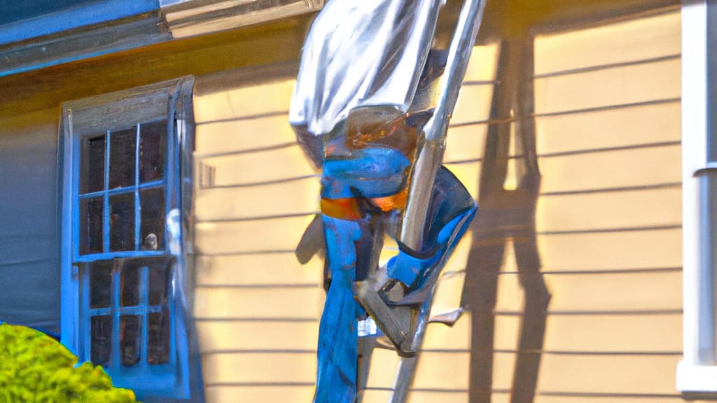 Man climbing ladder on North Branford, Connecticut home to replace roof