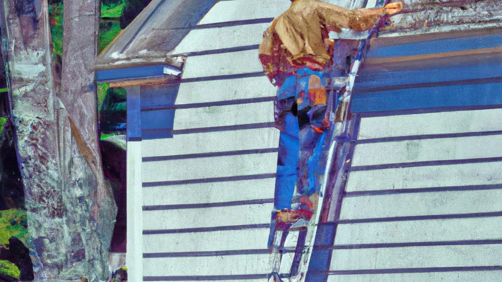 Man climbing ladder on North Stonington, Connecticut home to replace roof